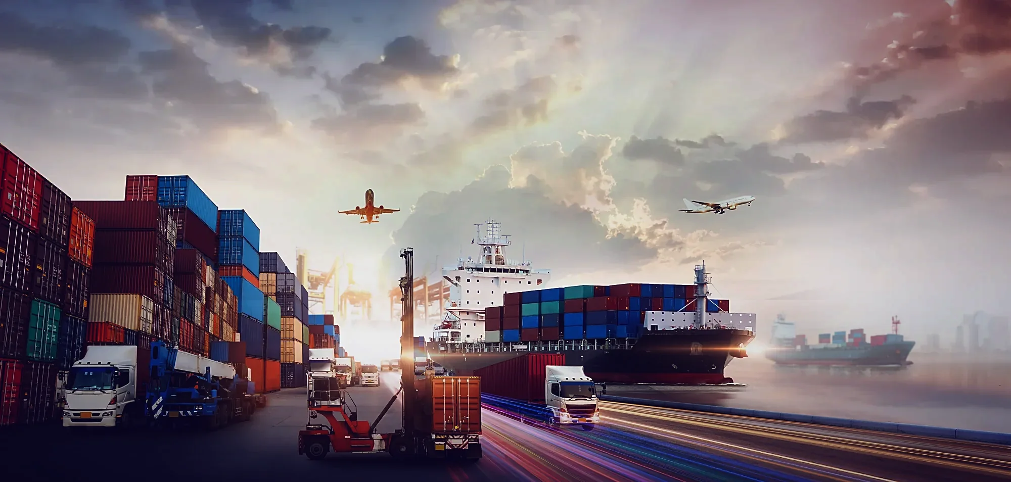 Containers, cargo ship and aircraft at a busy freight hub